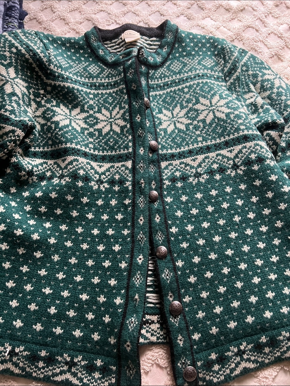 Women’s L.L. Bean Light Blue & Navy Patterned Crewneck Sweater Wool Size Large - Picture 14 of 15